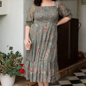 Baltic Born Fabian Jacquard Midi Dress | Eucalyptus + Pink Size LL